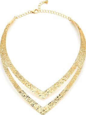 Dramatic Gold-Toned Hammered V-Collar Necklace, Two-Tier Statement Choker, Bold